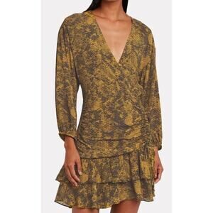 Saylor Electra Snake Print Wrap Dress Women's Size Small Mustard V-Neck Ruched